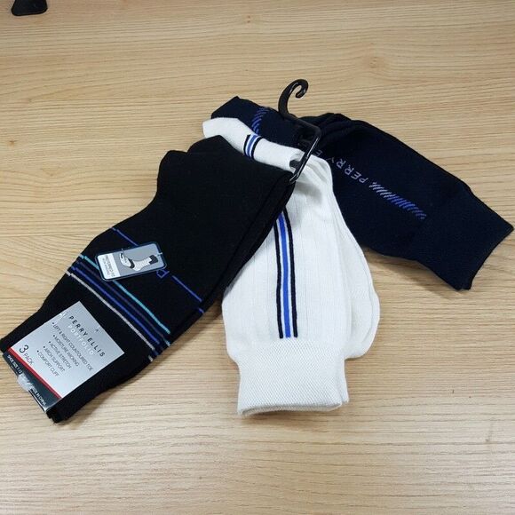 PERRY ELLIS Crew Dress Socks White Black Navy 3-Pack Moisture Wicking Logo - Picture 1 of 7